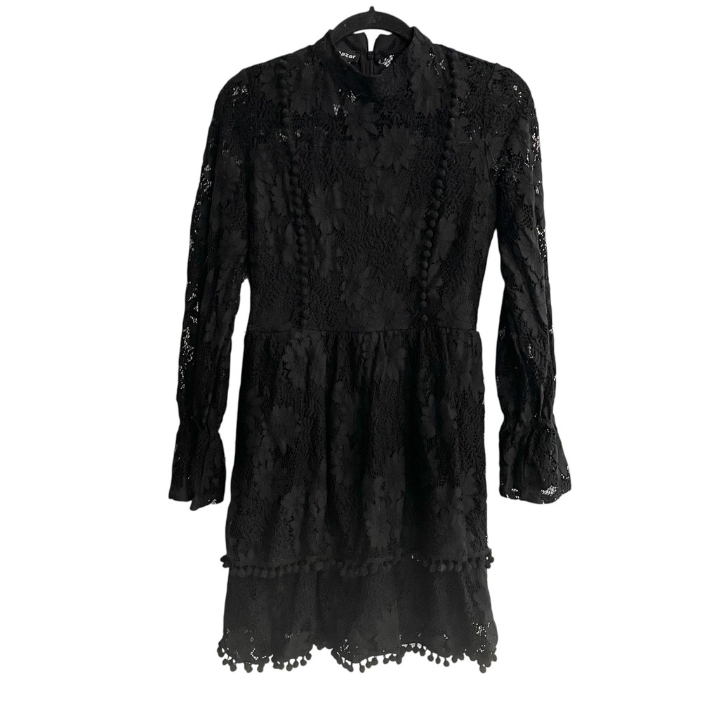 Eilly Bazar Lace Mini Dress High Neck Long Sleeve Pom Pom‎ Black L Whimsigoth